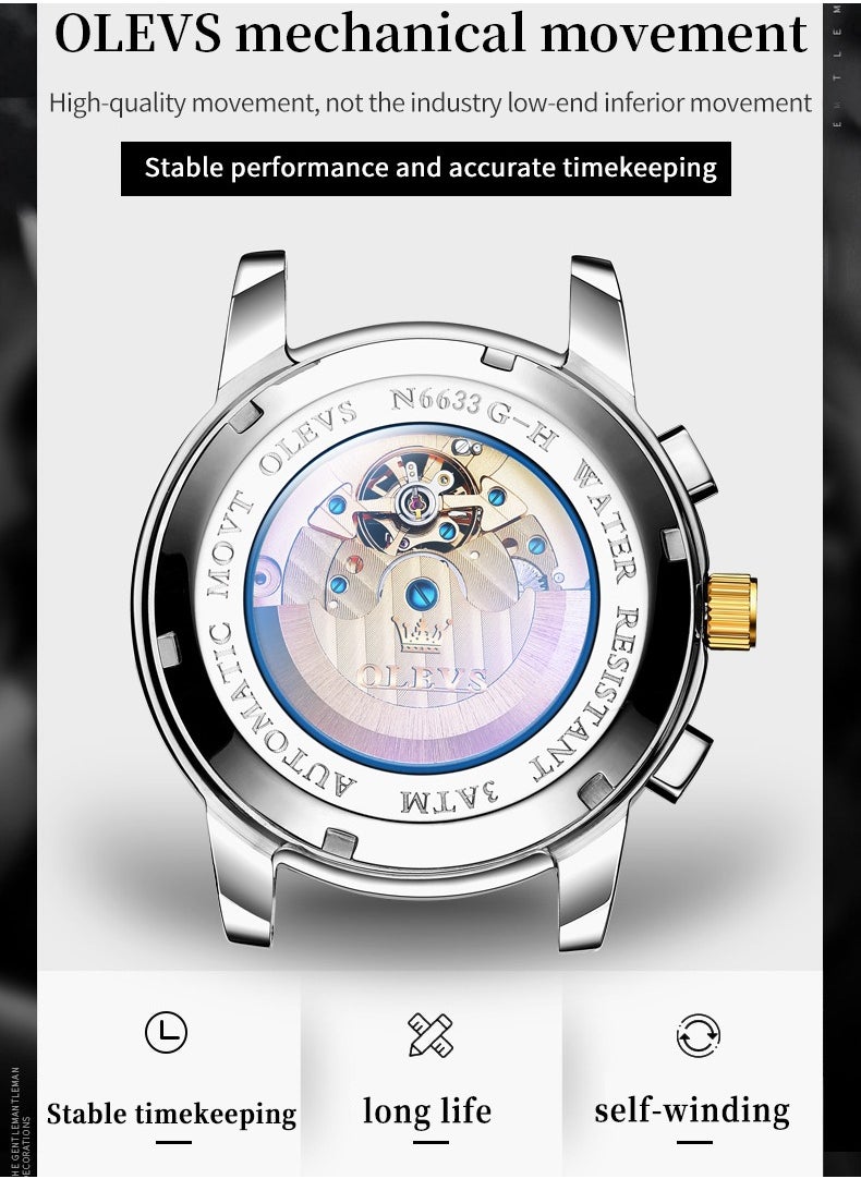 OLEVS OLEVS Men's Watches Automatic Mechanical Luxury Dress Wristwatch with Moon Phase Day Date Year Waterproof Luminous Two Color Watch  - Image 4