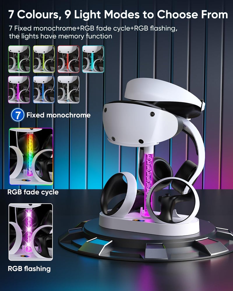 FASTSNAIL Charging Stand for PlayStation VR2, Multifunctional PS VR2 Headset & Sense Controllers Charge Dock Station with 10 RGB Light Modes of Memory, Storage Base Gaming Accessories for PS5 VR2 - Image 2