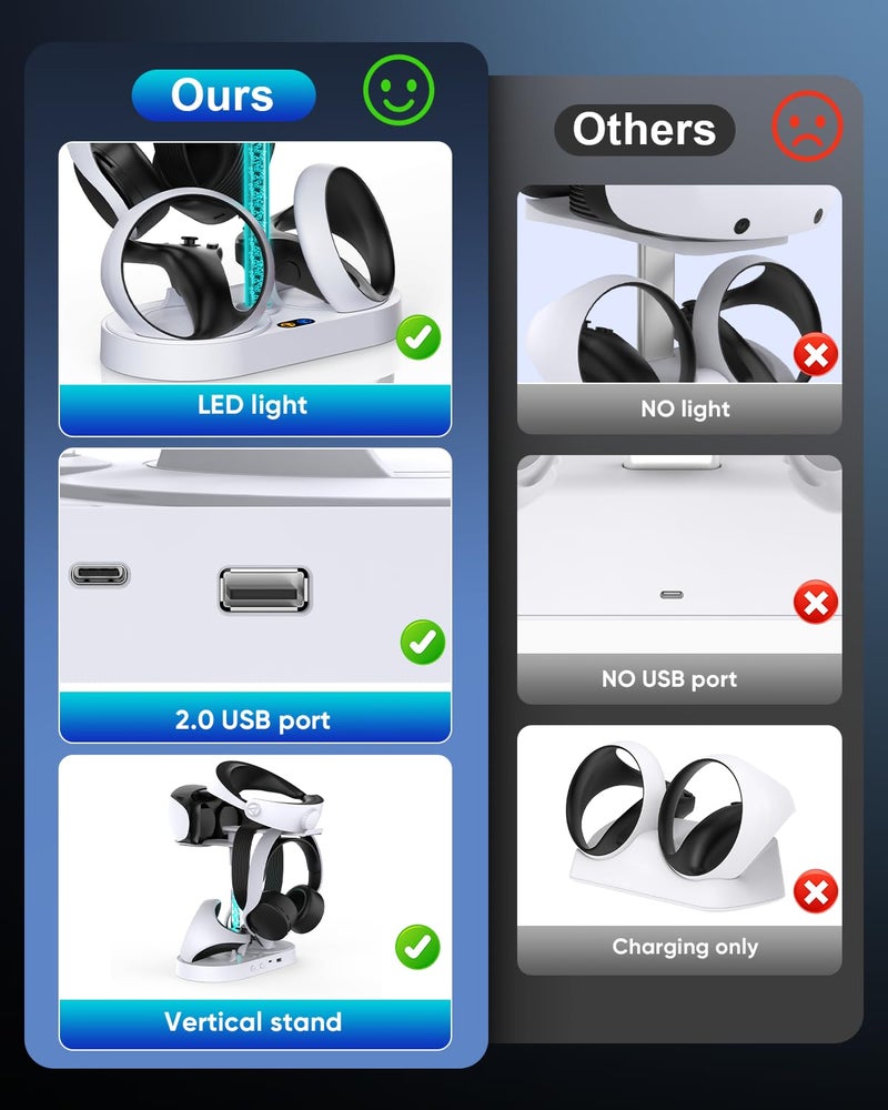 FASTSNAIL Charging Stand for PlayStation VR2, Multifunctional PS VR2 Headset & Sense Controllers Charge Dock Station with 10 RGB Light Modes of Memory, Storage Base Gaming Accessories for PS5 VR2 - Image 4