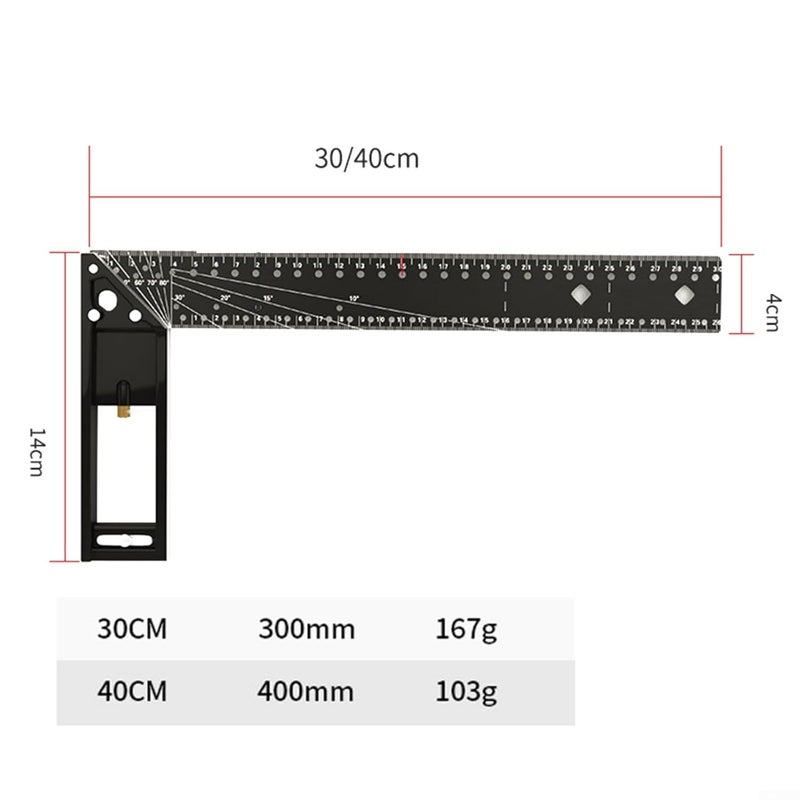 Multifunctional Aluminum Alloy Square Ruler 90 Degree Positioning Marking Tool 30cm Black - Image 3