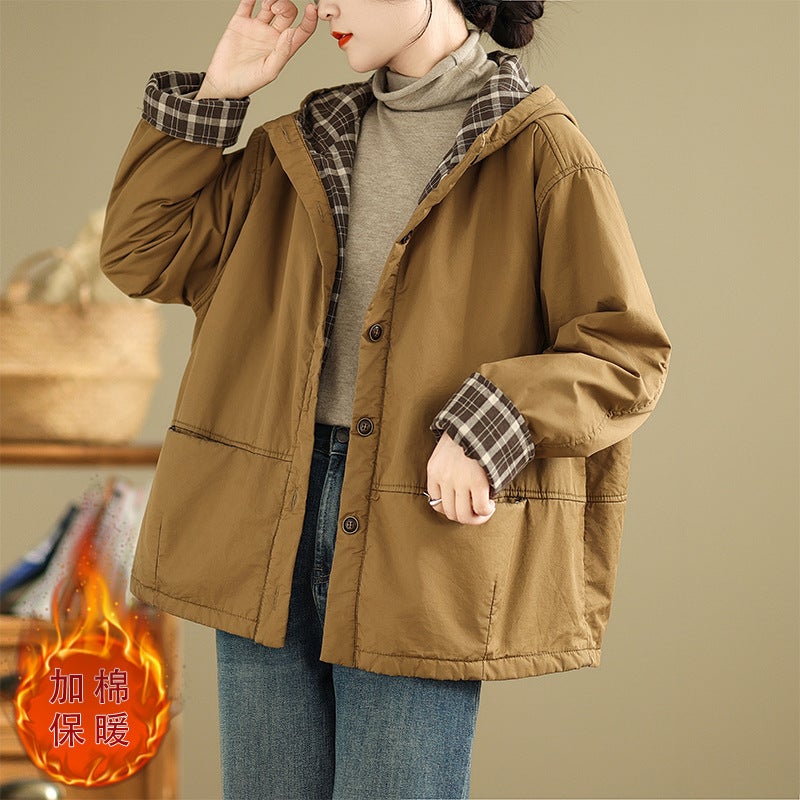 Real S Of High-Quality Winter Retro Cotton Windbreaker Double-Layer Jacket With Plaid Lining Hooded Quilted Cotton Jacket Warm Cotton Jacket - Image 3