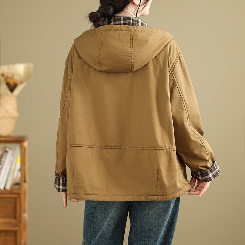 Real S Of High-Quality Winter Retro Cotton Windbreaker Double-Layer Jacket With Plaid Lining Hooded Quilted Cotton Jacket Warm Cotton Jacket - Image 5