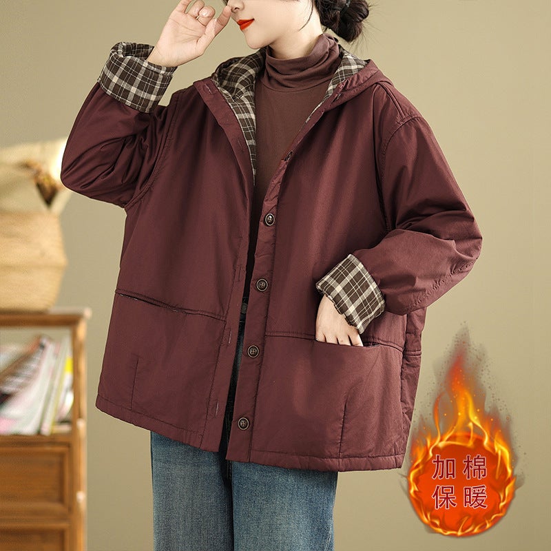 Real S Of High-Quality Winter Retro Cotton Windbreaker Double-Layer Jacket With Plaid Lining Hooded Quilted Cotton Jacket Warm Cotton Jacket - Image 2