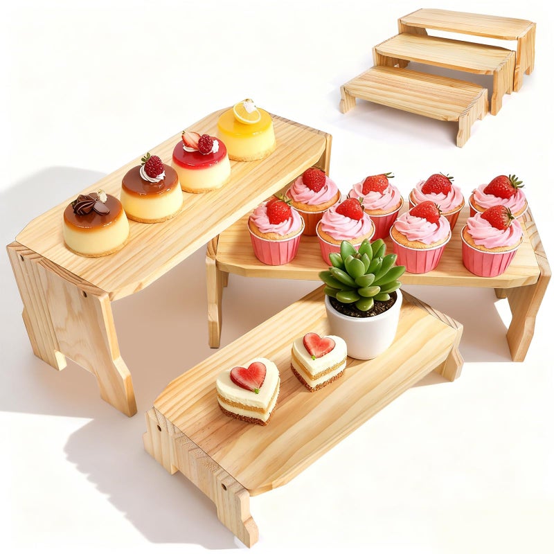 WRINGKIT 3 Tier Wood Display Riser, Stackable Cupcake Dessert Stand for 24 Cupcakes, Rectangular Wooden Risers for Table Vendor Display, Food, Perfume, Collections Showcase, 3 Size (17''/16''/14'') - Image 1