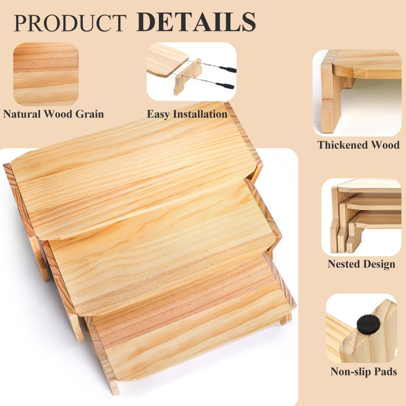 WRINGKIT 3 Tier Wood Display Riser, Stackable Cupcake Dessert Stand for 24 Cupcakes, Rectangular Wooden Risers for Table Vendor Display, Food, Perfume, Collections Showcase, 3 Size (17''/16''/14'') - Image 3