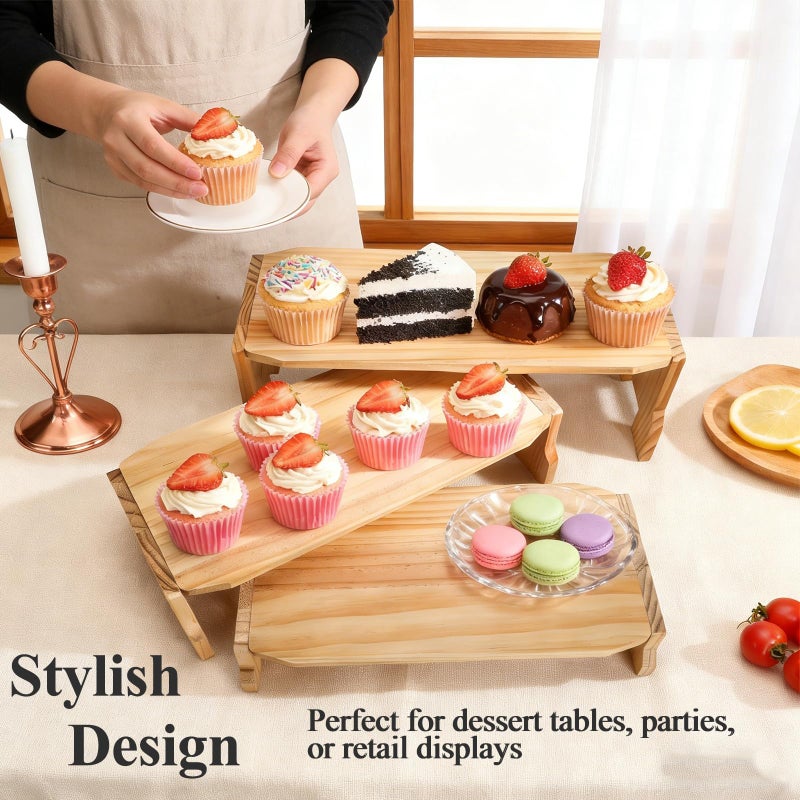 WRINGKIT 3 Tier Wood Display Riser, Stackable Cupcake Dessert Stand for 24 Cupcakes, Rectangular Wooden Risers for Table Vendor Display, Food, Perfume, Collections Showcase, 3 Size (17''/16''/14'') - Image 5