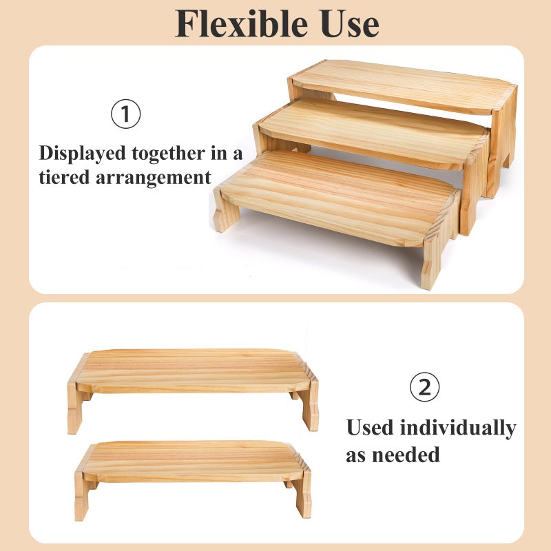 WRINGKIT 3 Tier Wood Display Riser, Stackable Cupcake Dessert Stand for 24 Cupcakes, Rectangular Wooden Risers for Table Vendor Display, Food, Perfume, Collections Showcase, 3 Size (17''/16''/14'') - Image 4