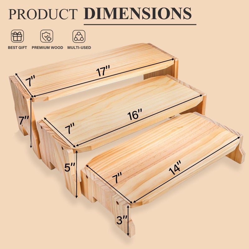 WRINGKIT 3 Tier Wood Display Riser, Stackable Cupcake Dessert Stand for 24 Cupcakes, Rectangular Wooden Risers for Table Vendor Display, Food, Perfume, Collections Showcase, 3 Size (17''/16''/14'') - Image 2