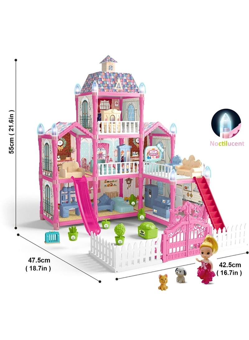 LOOPITYS Dolls House for Girls 3-5 DIY Pink Dollhouses with 3 Stories 8 Rooms Deluxe Villa Toy with 1 Doll, Slide, Dogs, Furniture, Bedroom, Kitchen, 215 PCS Dreamy House Toy Gift for Kids Girls Ages5-12  - Image 3
