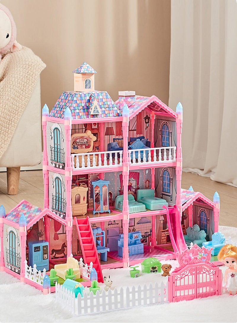 LOOPITYS Dolls House for Girls 3-5 DIY Pink Dollhouses with 3 Stories 8 Rooms Deluxe Villa Toy with 1 Doll, Slide, Dogs, Furniture, Bedroom, Kitchen, 215 PCS Dreamy House Toy Gift for Kids Girls Ages5-12  - Image 1
