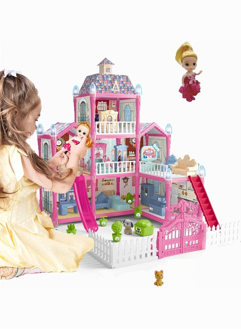 LOOPITYS Dolls House for Girls 3-5 DIY Pink Dollhouses with 3 Stories 8 Rooms Deluxe Villa Toy with 1 Doll, Slide, Dogs, Furniture, Bedroom, Kitchen, 215 PCS Dreamy House Toy Gift for Kids Girls Ages5-12  - Image 2