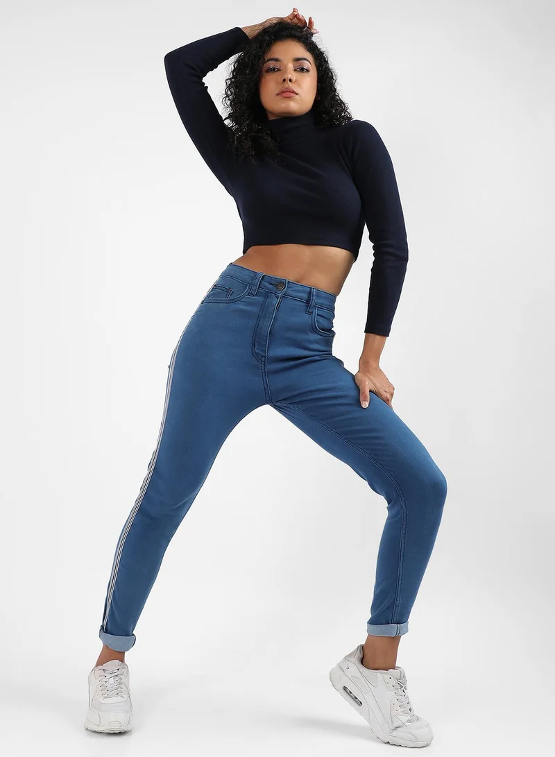 Campus Sutra Campus Sutra Women's Light Blue Pencil Side-Striped Denim Jeans