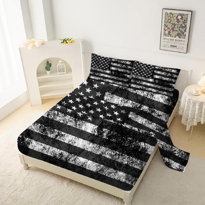 kxry Black and White USA American Flag Fitted Sheet Sets Full Size for Boys Kids Teens Dirty US Stars Stripes Flags Bedding Set 1 Fitted Sheet  1 Flat Sheet  2 Pillow Cases