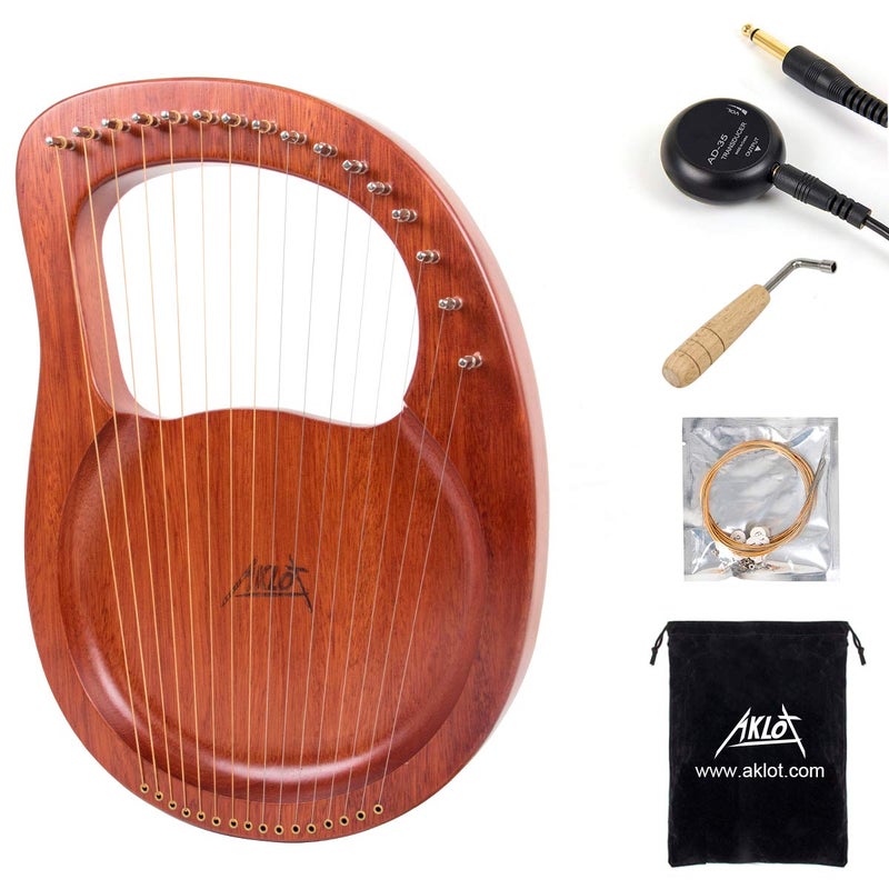 AKLOT Lyre Harp, AKLOT 16 Metal Strings Mahogany Lye Harp with Tuning Wrench,Spare String Set,Pickup,Black Gig Bag - Image 1