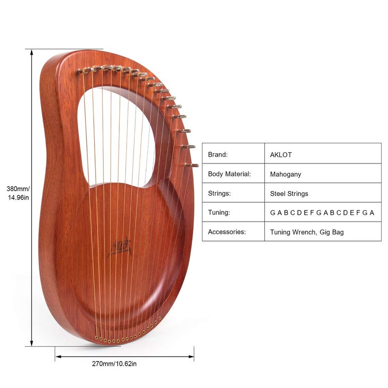 AKLOT Lyre Harp, AKLOT 16 Metal Strings Mahogany Lye Harp with Tuning Wrench,Spare String Set,Pickup,Black Gig Bag - Image 5
