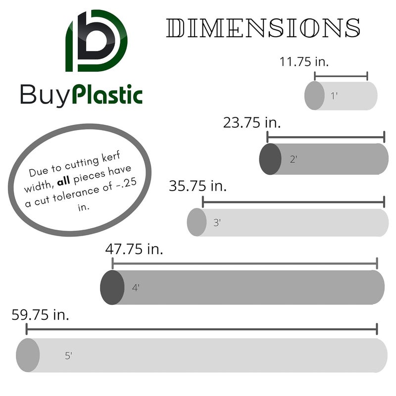 BuyPlastic قضيب ديلرين/أسيتال كوبوليمر أبيض بقطر 3/8" وطول 1 قدم، الطول الفعلي 11.75 بوصة (بسبب عرض القطع) - Image 2