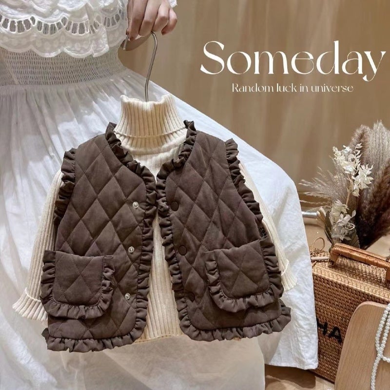 Girls Autumn Winter 2024 Velvet Vest with Lace Brown (fleece-lined)  - Image 4