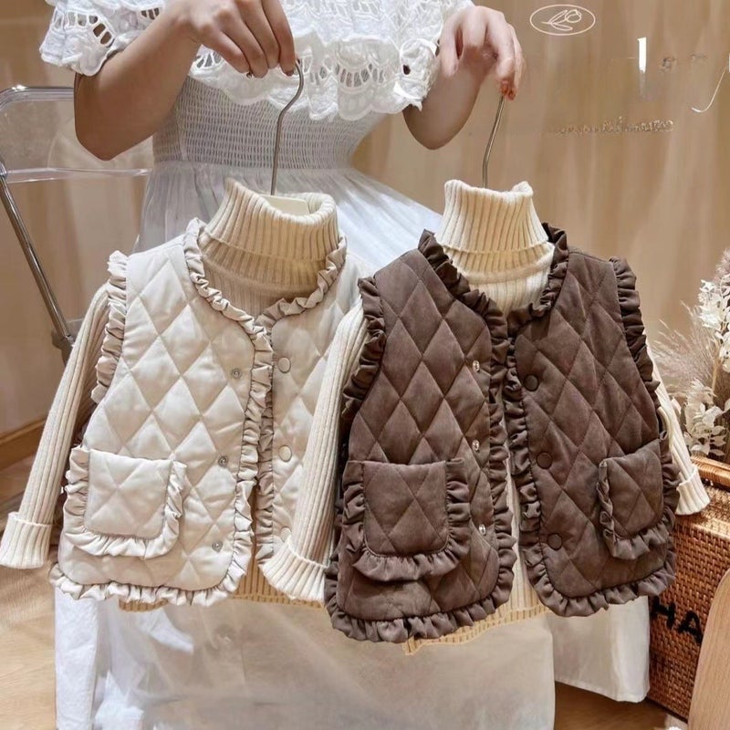 Girls Autumn Winter 2024 Velvet Vest with Lace Brown (fleece-lined)  - Image 3