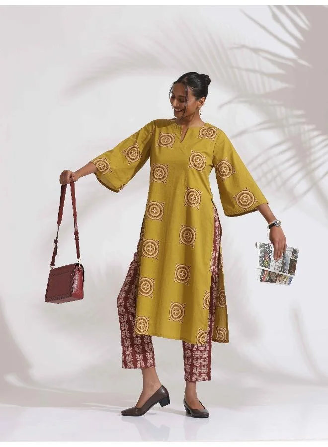 ترو برونز trueBrowns Green Cotton Print HighSlit Kurta Set