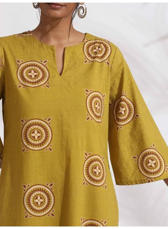 ترو برونز trueBrowns Green Cotton Print HighSlit Kurta Set