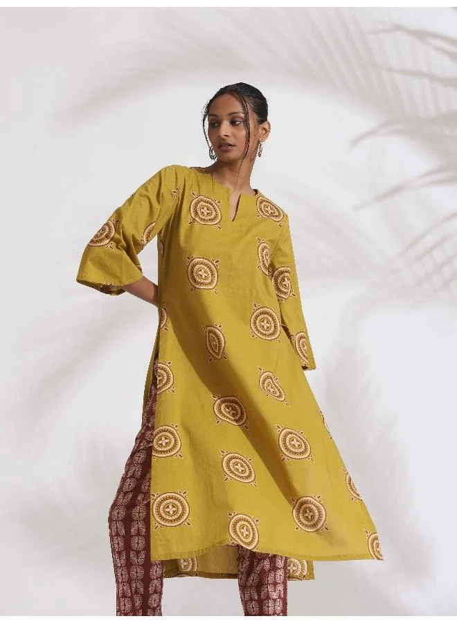 trueBrowns trueBrowns Green Cotton Print HighSlit Kurta Set
