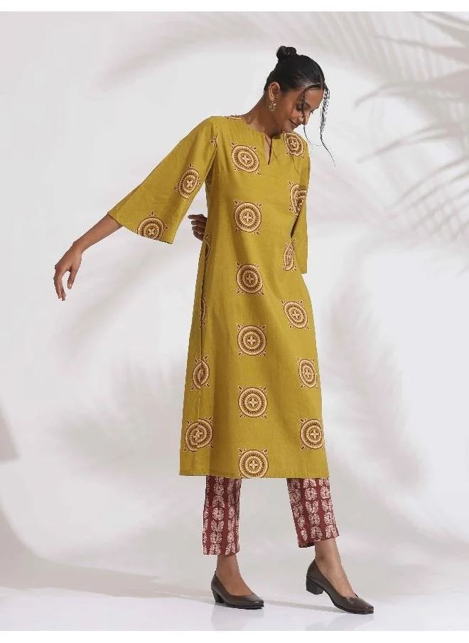 ترو برونز trueBrowns Green Cotton Print HighSlit Kurta Set