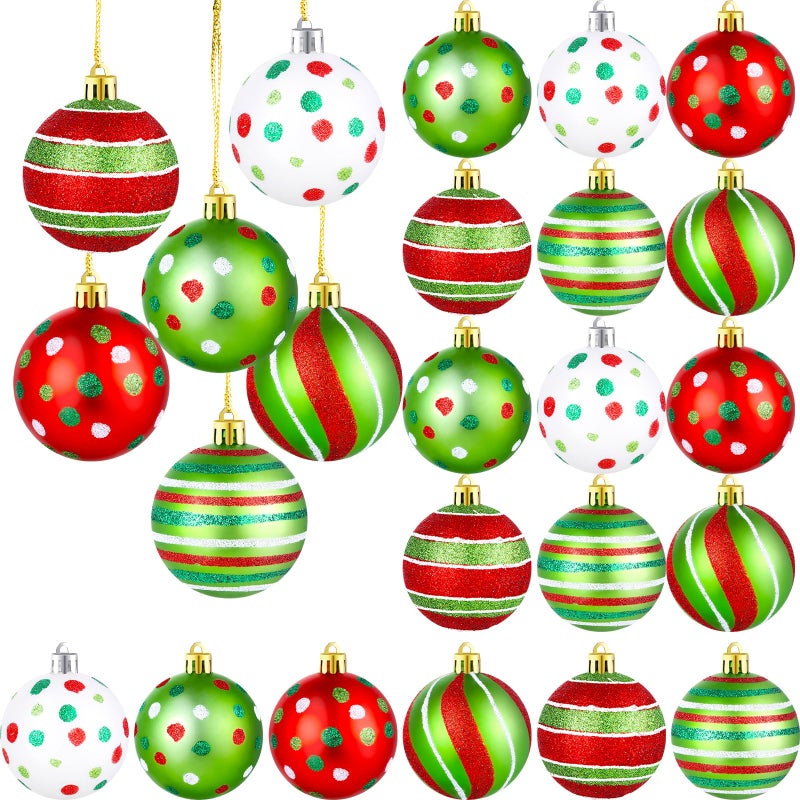 24 Pcs Christmas Tree Ball Ornaments 24 Inch Glittering Plastic Hanging Decorations Shatterproof Swirl Candy Cane Balls Christmas Tree Pendants for Xmas Holiday Party Decoration 24