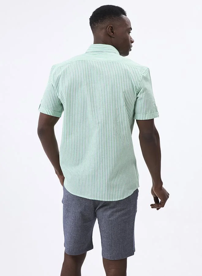 FELIX HARDY Green Linen Blended Striped Short Sleeve Shirt for Men for Men | Best Price UAE