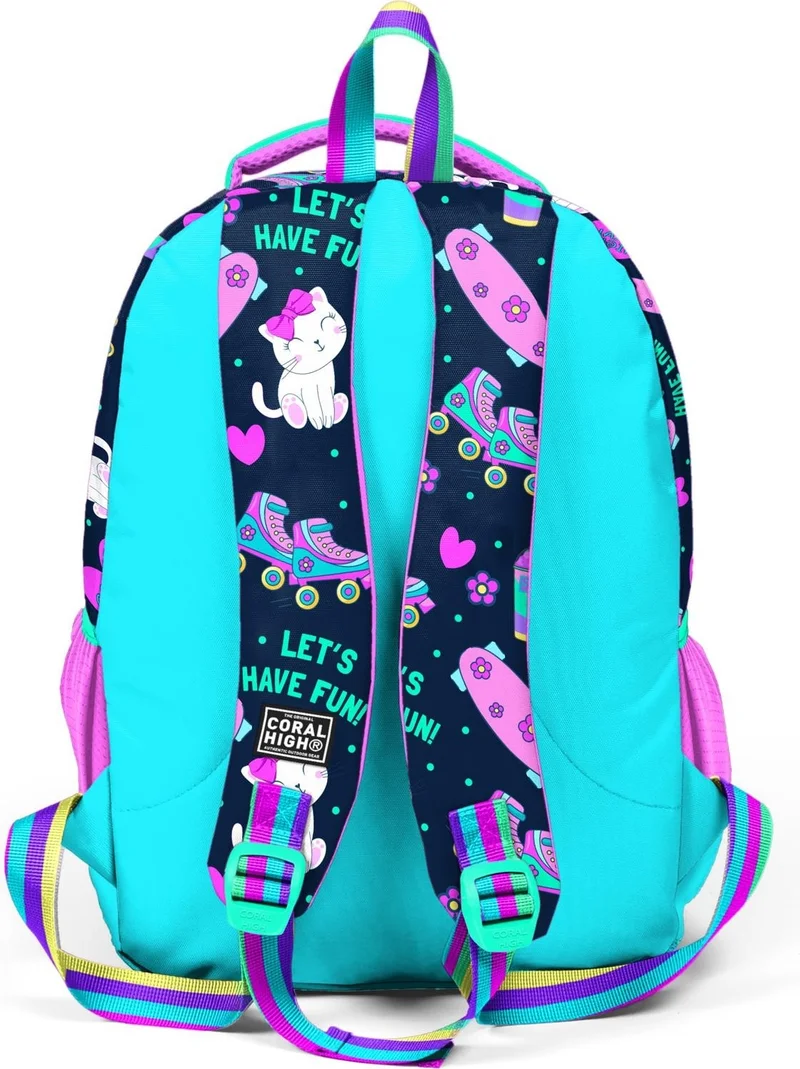 CORAL HIGH Kids Navy Blue Pink Cat Skate Patterned Three Compartment School Backpack 23658