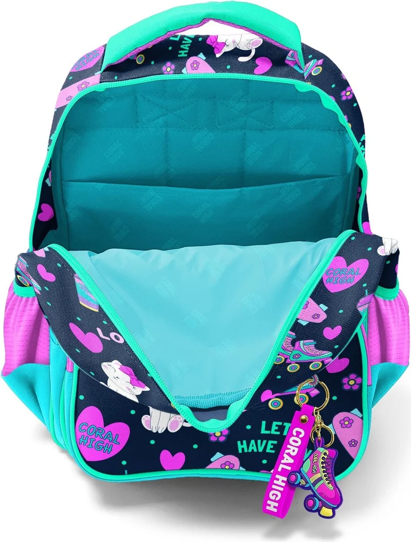 CORAL HIGH Kids Navy Blue Pink Cat Skate Patterned Three Compartment School Backpack 23658