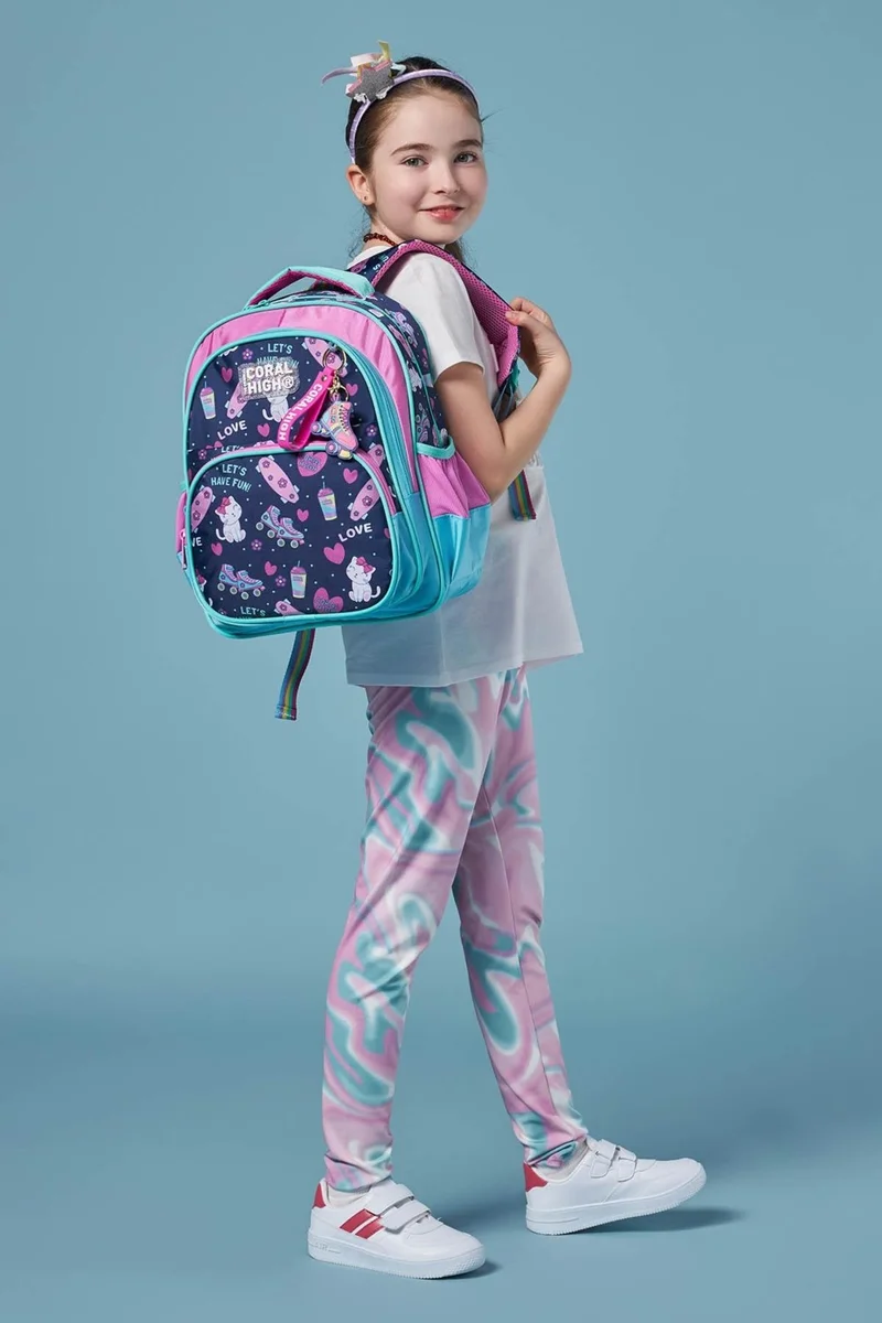 CORAL HIGH Kids Navy Blue Pink Cat Skate Patterned Three Compartment School Backpack 23658