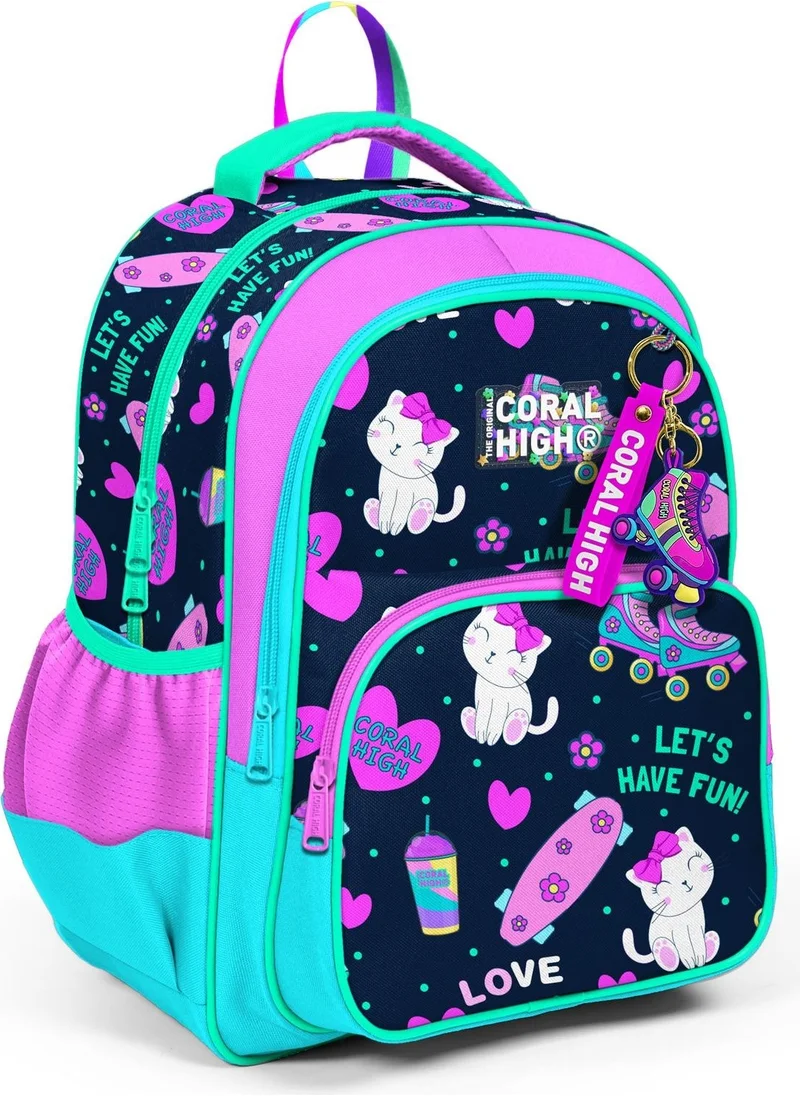 كورال هاي Kids Navy Blue Pink Cat Skate Patterned Three Compartment School Backpack 23658