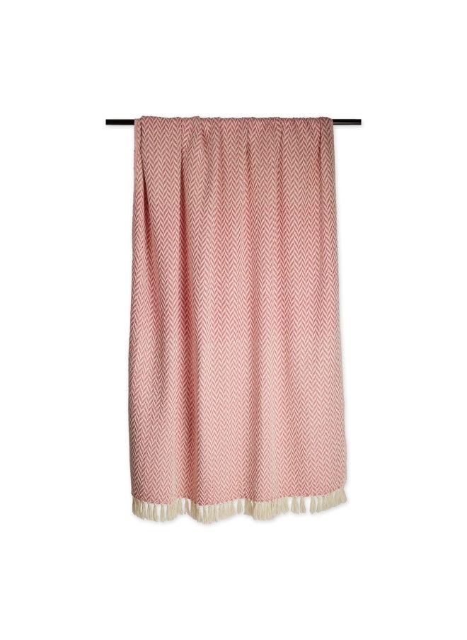 Modern Zig Zag Throw Blanket Woven Cotton Hand Knotted 2.5 Fringe 50X60 Blush Pink