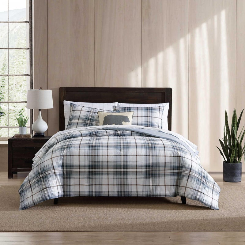 Eddie Bauer Eddie Bauer  Queen Comforter Set Reversible Cotton Bedding with Matching Shams Plaid Home Decor Alder BlueGrey Queen 