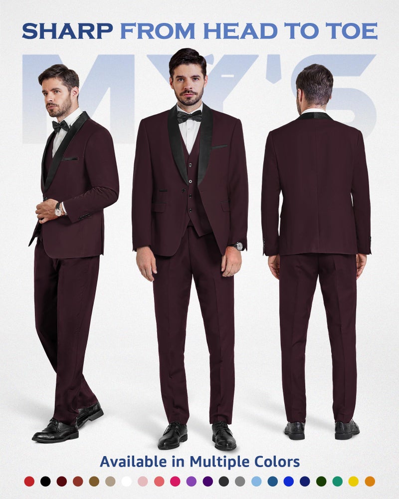 MYS MY'S Mens 3 Piece Tuxedo Set with Bow Tie, Shawl Lapel One Button Jacket Vest & Pants, Slim Fit Suit Prom Party Wedding Tux, Deep Red - Image 2