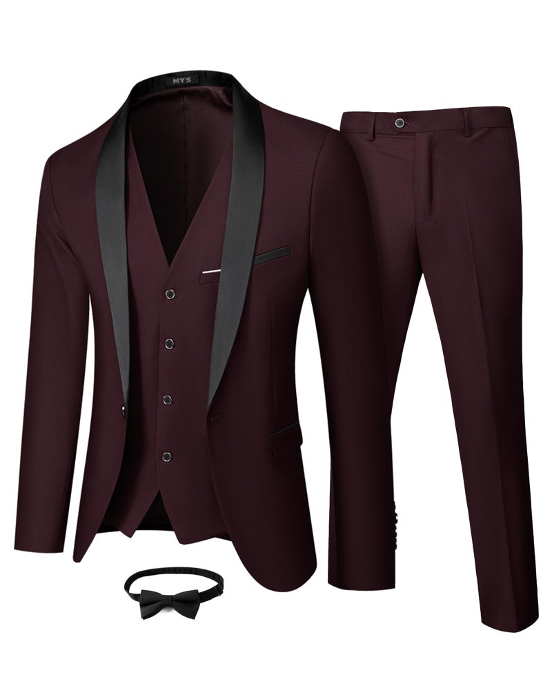 MYS MY'S Mens 3 Piece Tuxedo Set with Bow Tie, Shawl Lapel One Button Jacket Vest & Pants, Slim Fit Suit Prom Party Wedding Tux, Deep Red - Image 1