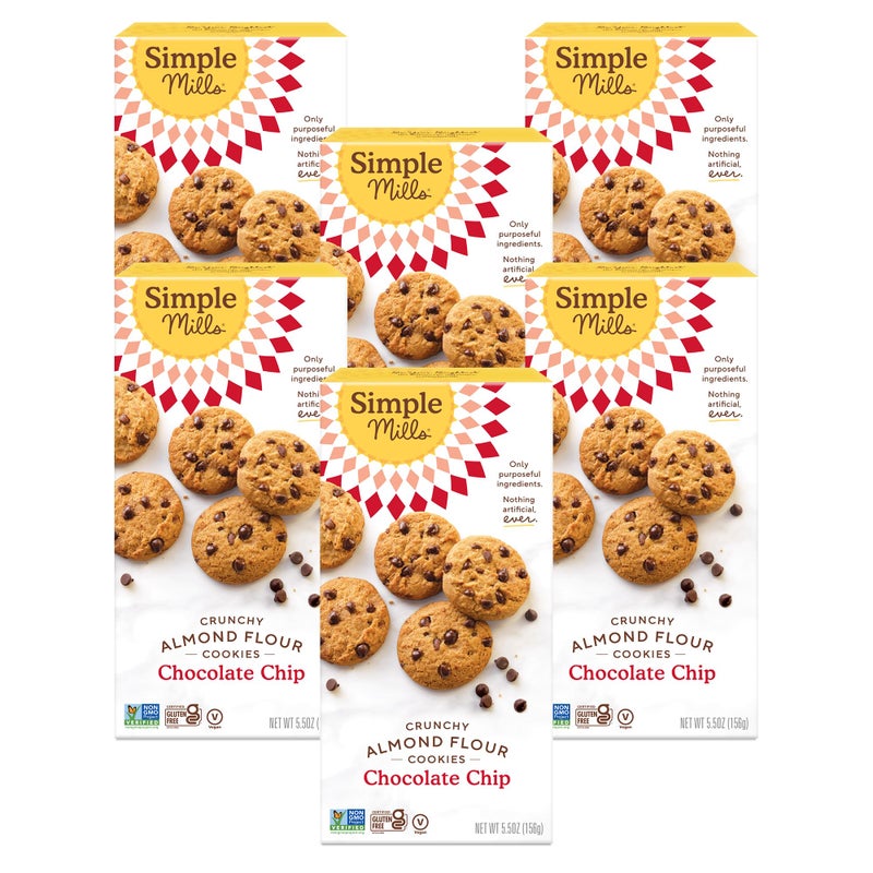 Simple Mills بسكويت بسيط ميلز المقرمش من دقيق اللوز، برقائق الشوكولاتة - خالي من الجلوتين، نباتي، وجبات خفيفة صحية، مصنوع من زيت جوز الهند العضوي، 5.5 أونصة (عبوة من 6) - Image 1