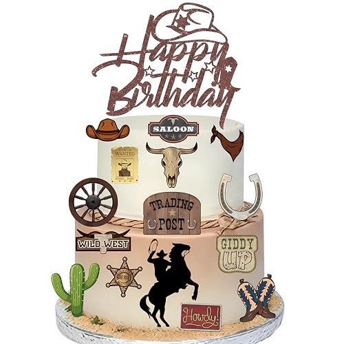 Pretyps 16 Pcs Cowboy Cake Toppers Glitter Cowboy Hat Cake Decorations Western Theme Happy Birthday Party Decoration for Boys Girls Cowboy Birthday Sign Birthday Decor Party Decor Party Supplies - Image 1