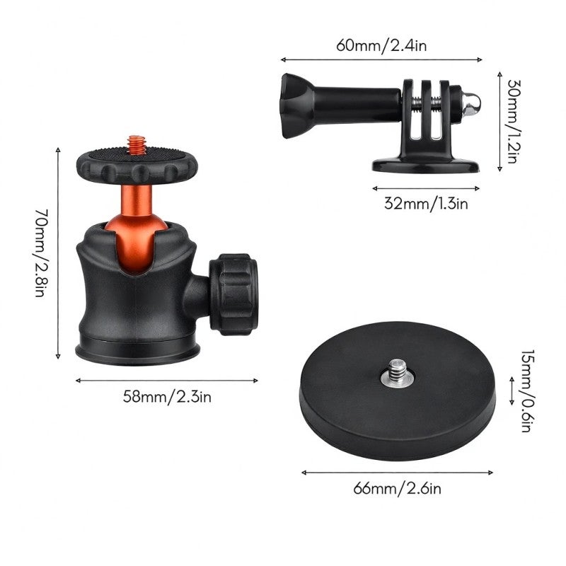 Magnetic Ball Head Mount - 360° Rotation Flexible Ball Head With 1/4 Inch Screw, 66mm Magnetic Base Kit For Sports Camera, Phone Holder, Mini LED Light Mounting - Image 3