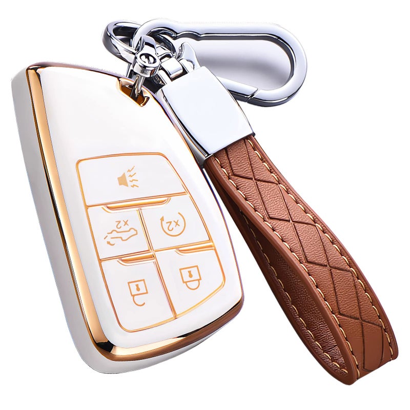 Cacacar Key Fob Cover for Chevy GMC with Keychain, Silverado Sierra Tahoe Suburban Equinox Traverse Yukon Denali Terrain Buick Envision Premium Soft TPU Case (5 Buttons Ivory) - Image 1