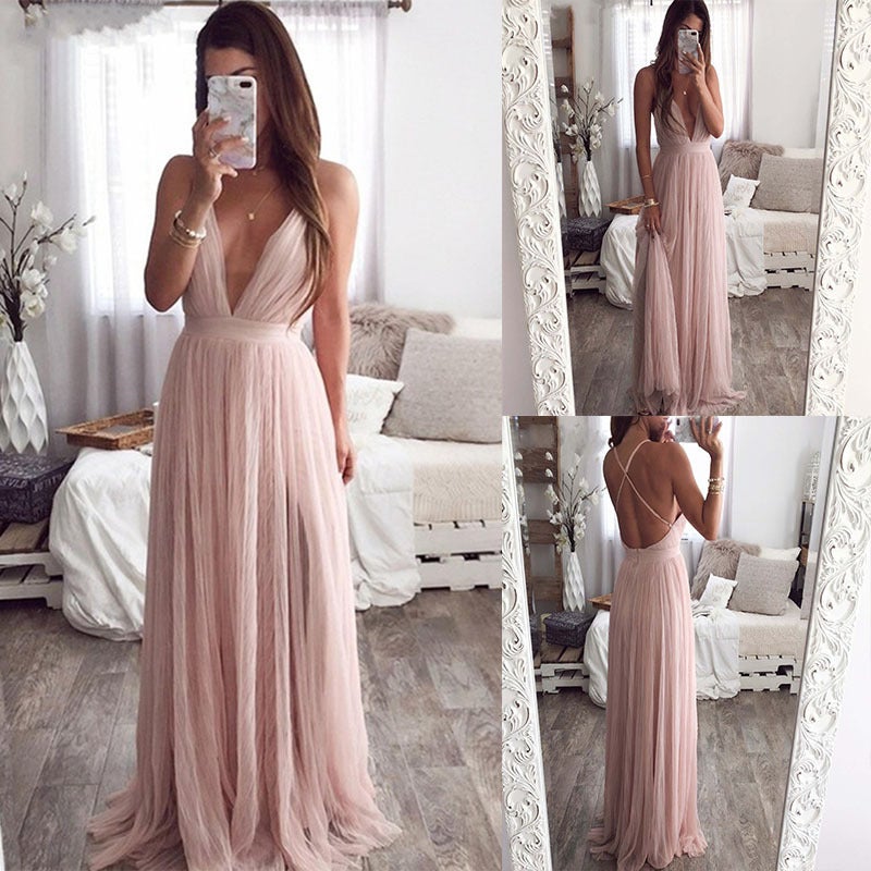 Deep V Mesh Sling Halter Dress Pink S - Image 3