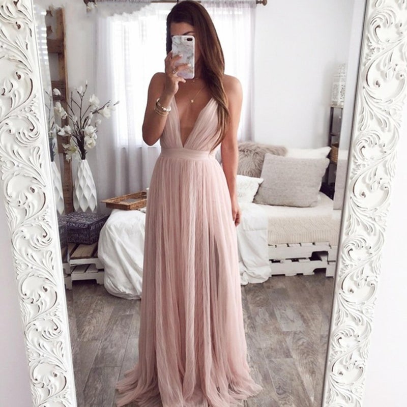 Deep V Mesh Sling Halter Dress Pink S - Image 1