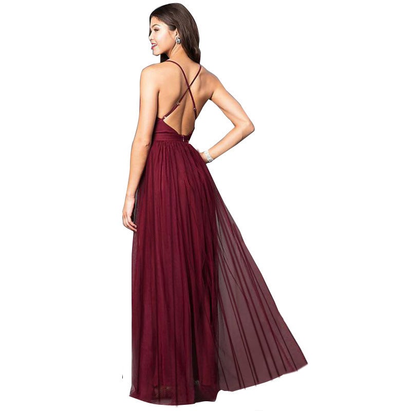 Deep V Mesh Sling Halter Dress Pink S - Image 4