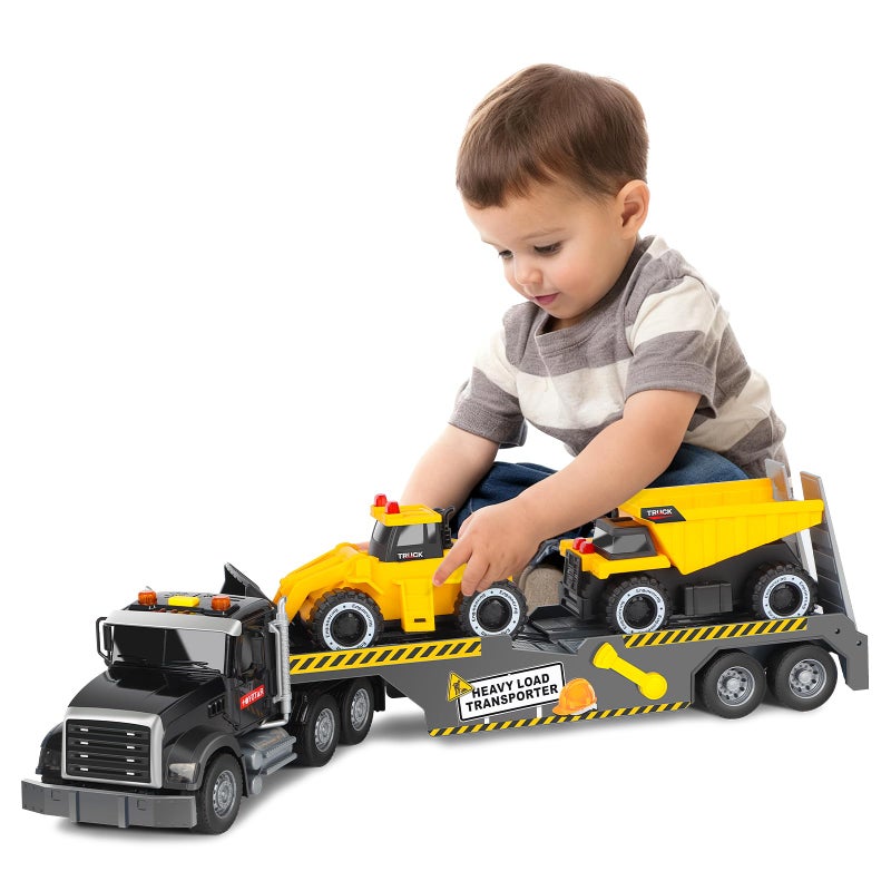 UFLJPKS Construction Semi Trailer Truck Toy Large Flatbed Truck Carrier with Excavator and Dump Vehicle Lights and Sounds Birthday for Kids Boys Age 3 4 5 6 - Image 3