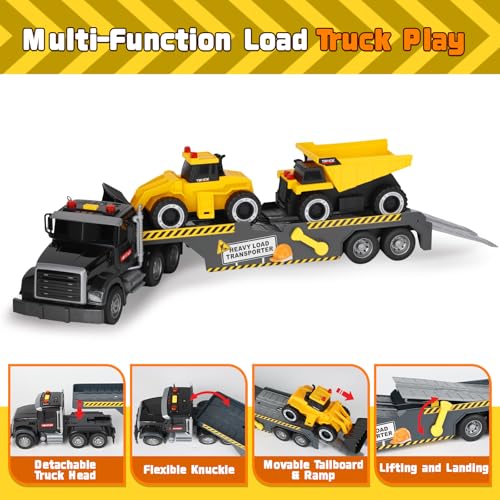 UFLJPKS Construction Semi Trailer Truck Toy Large Flatbed Truck Carrier with Excavator and Dump Vehicle Lights and Sounds Birthday for Kids Boys Age 3 4 5 6 - Image 5