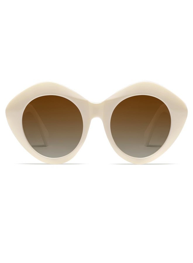 VANLINKER Polarized Trendy Thick Oval Round Sunglasses for Women Retro Shades VL9825, White/Beige - Image 2