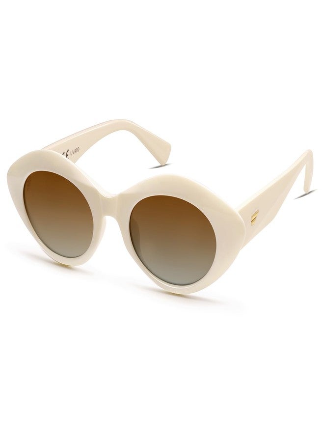 VANLINKER Polarized Trendy Thick Oval Round Sunglasses for Women Retro Shades VL9825, White/Beige - Image 1