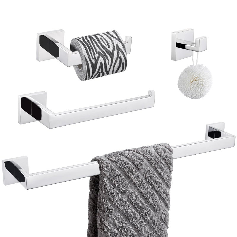 Suyar Polished Chrome Bathroom Hardware Set 4 Pieces 304 Stainless Steel Bathroom Accessories Include Robe Hook Toilet Paper Holder Hand Towel Holder Bath Towel Bar