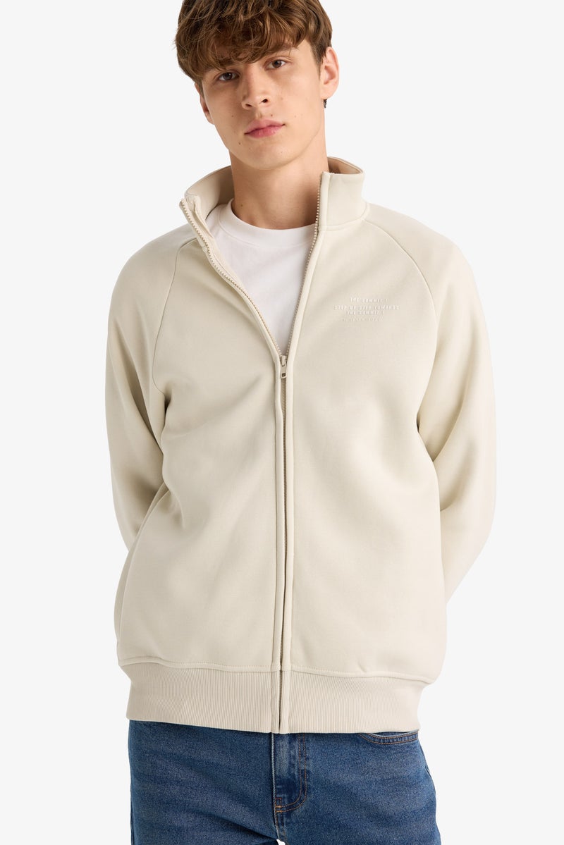 DeFacto Beige Man Boxy Fit Stand Collar Printed Sweatshirt Casual - Image 1