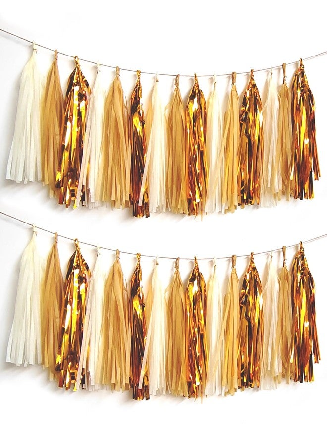 AimtoHome Shiny Tassel Garland Tissue Paper Tassel Banner,Tassels Party Decorations for Wedding,Birthday,Bridal/Baby Shower,Pack of 15 (Gold/Tan/Ivory) - Image 1